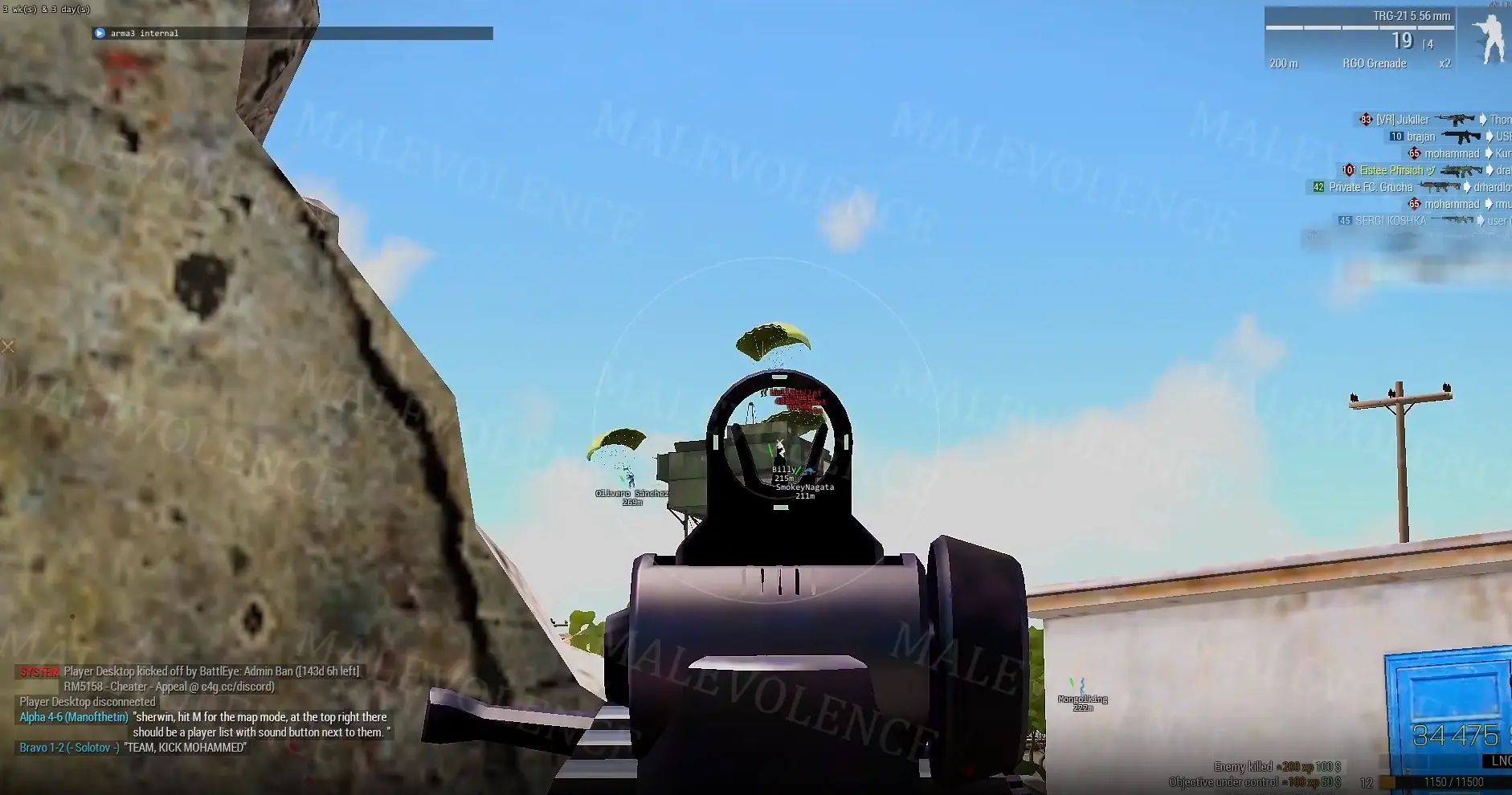 A player streaming Arma 3 gameplay while using stream-safe cheats.