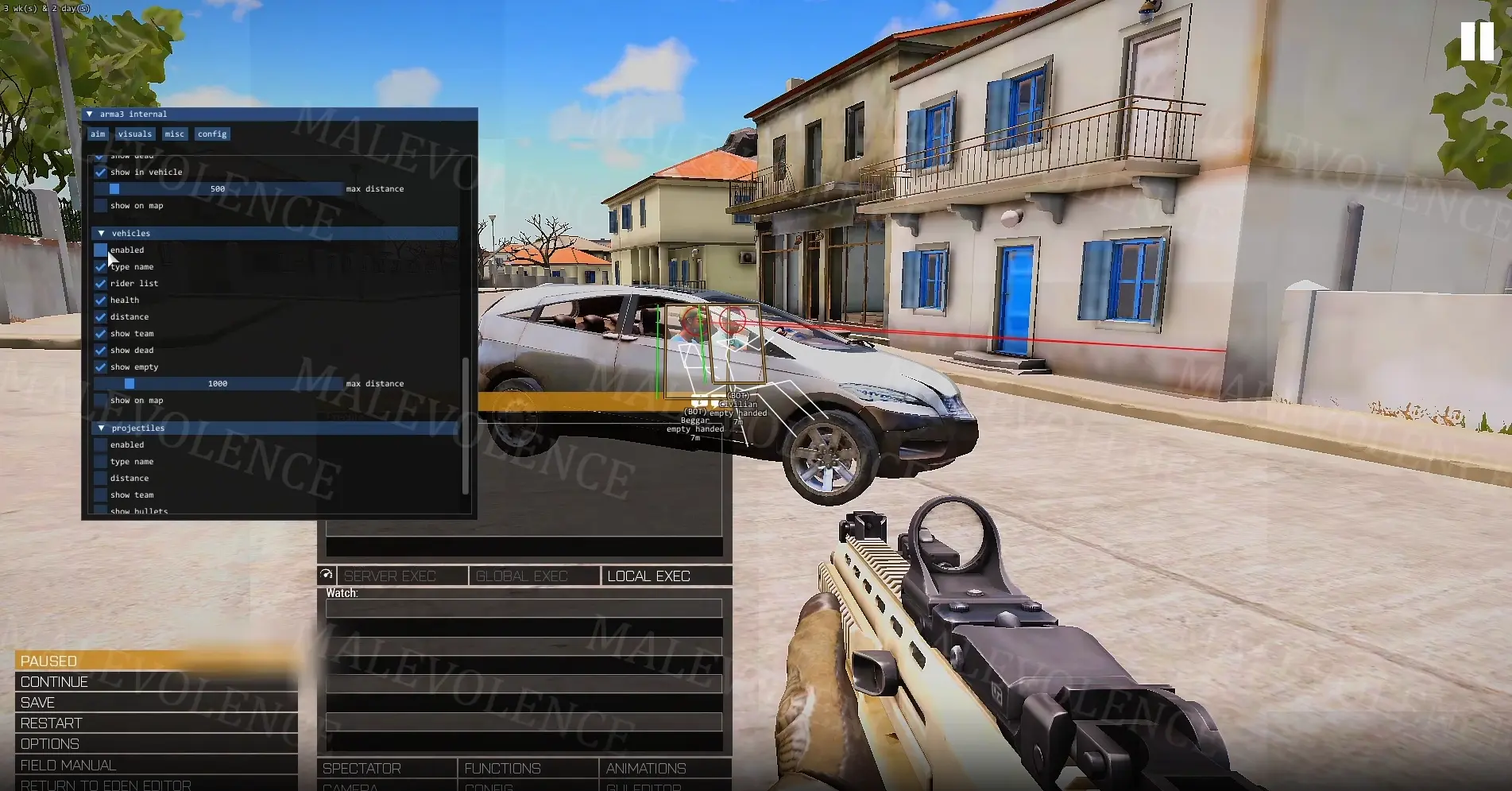 An exciting gameplay scene in Arma 3 showcasing various cheats.